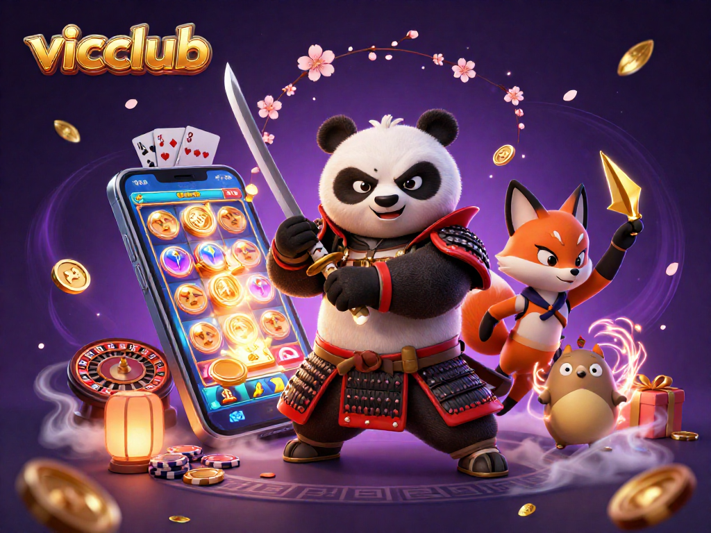 Experience thrilling gameplay at vicclub with a dynamic samurai panda and magical companions.