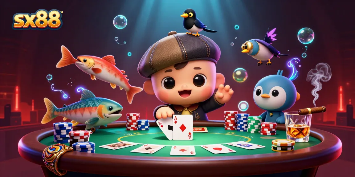 Playful sx88 scene featuring Nessie and friends surrounded by vibrant poker elements and underwater glow effects.