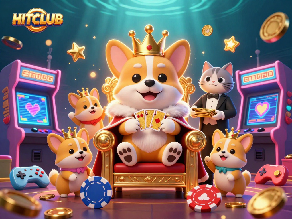 Engage in gaming excitement at HITCLUB with vibrant 3D casino scenes featuring royal corgis and dynamic game elements.