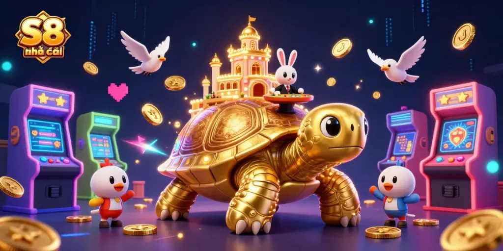 S8 nhà cái features an enchanting scene with golden tortoise casino and rabbit dealer amidst vibrant gambling elements.