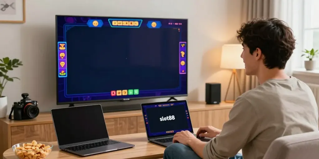 Enthusiastic player enjoying slot88 games on a cozy couch with vibrant graphics.
