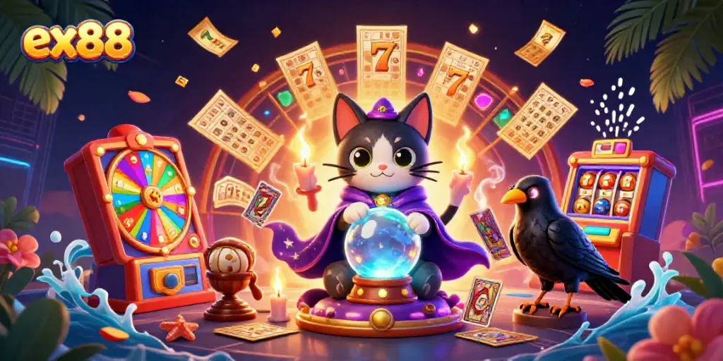 Experience the winning vibes of ex88 with a vibrant 3D casino scene featuring fortune-telling characters and game elements.