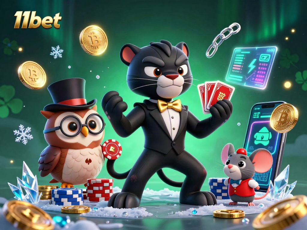 Experience thrilling gaming action with 11bet's vibrant 3D illustration featuring engaging casino elements and characters.