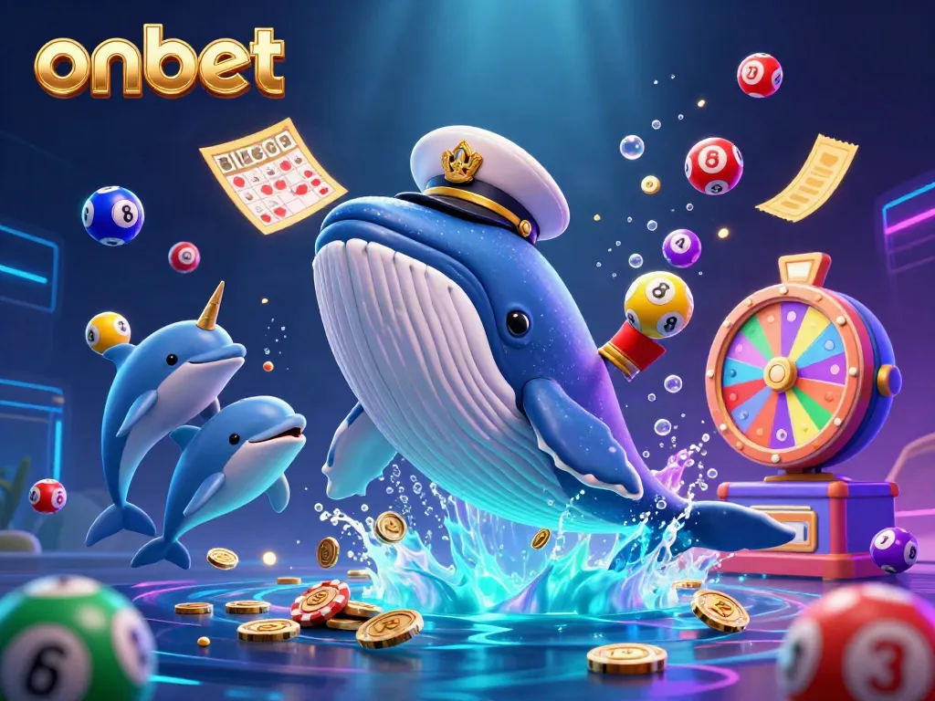 Engage with onbet's vibrant gambling scene, featuring a whale, narwhal, and dolphins amidst golden coins and lottery elements.