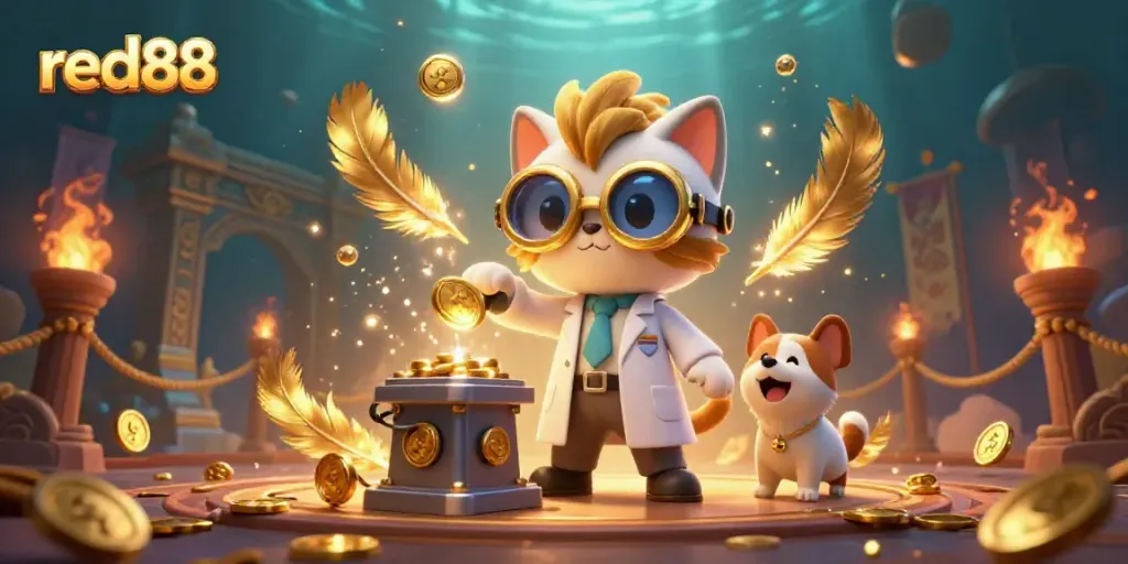 Experience thrilling gameplay at red88 with a mad scientist cat and assistant in a dynamic casino scene.